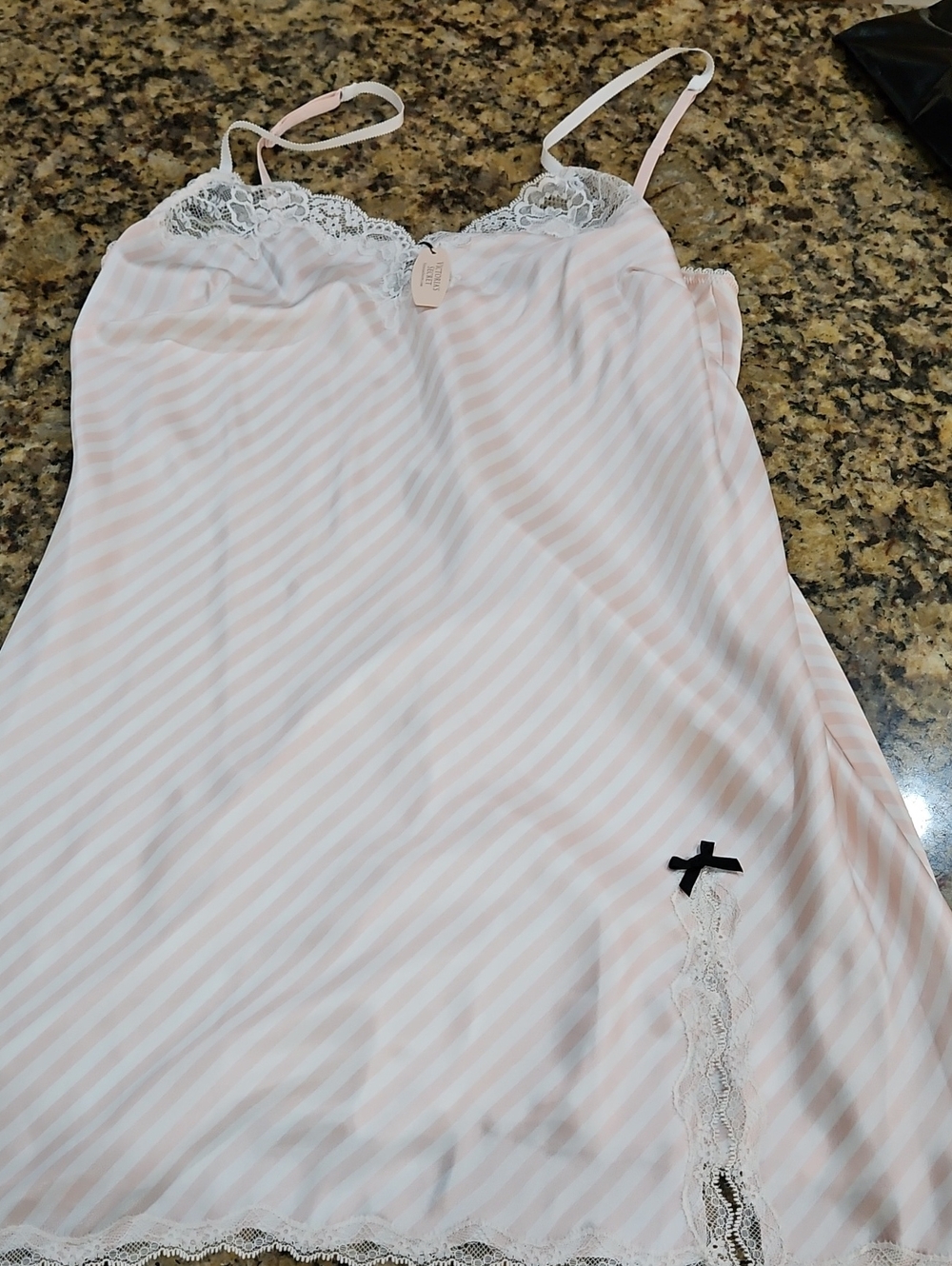 NWT Victoria Secret Pink White Stripe Lace-Trimmed Satin Nightgown Size Large